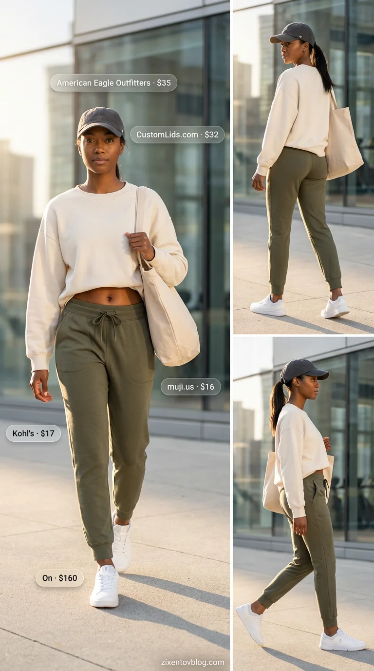 Relaxed Rest Day: Gym Outfits for Women 2026 Relaxed olive green and cream gym outfit for women 2026, showcasing high-waisted fleece joggers, an oversized cream sweatshirt, and white athletic sneakers, ideal for rest days. Includes a canvas tote and baseball cap.