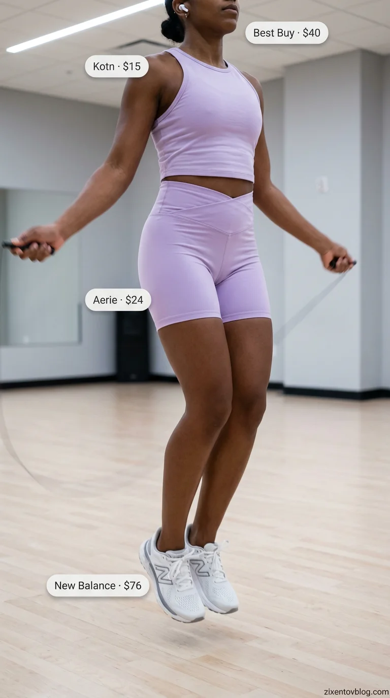 Jump Rope Jamboree: Gym Outfits for Women 2026 Playful lavender biker shorts and white crop top gym outfit for women 2026, perfect for jump rope, dance cardio, or HIIT workouts with athletic sneakers.
