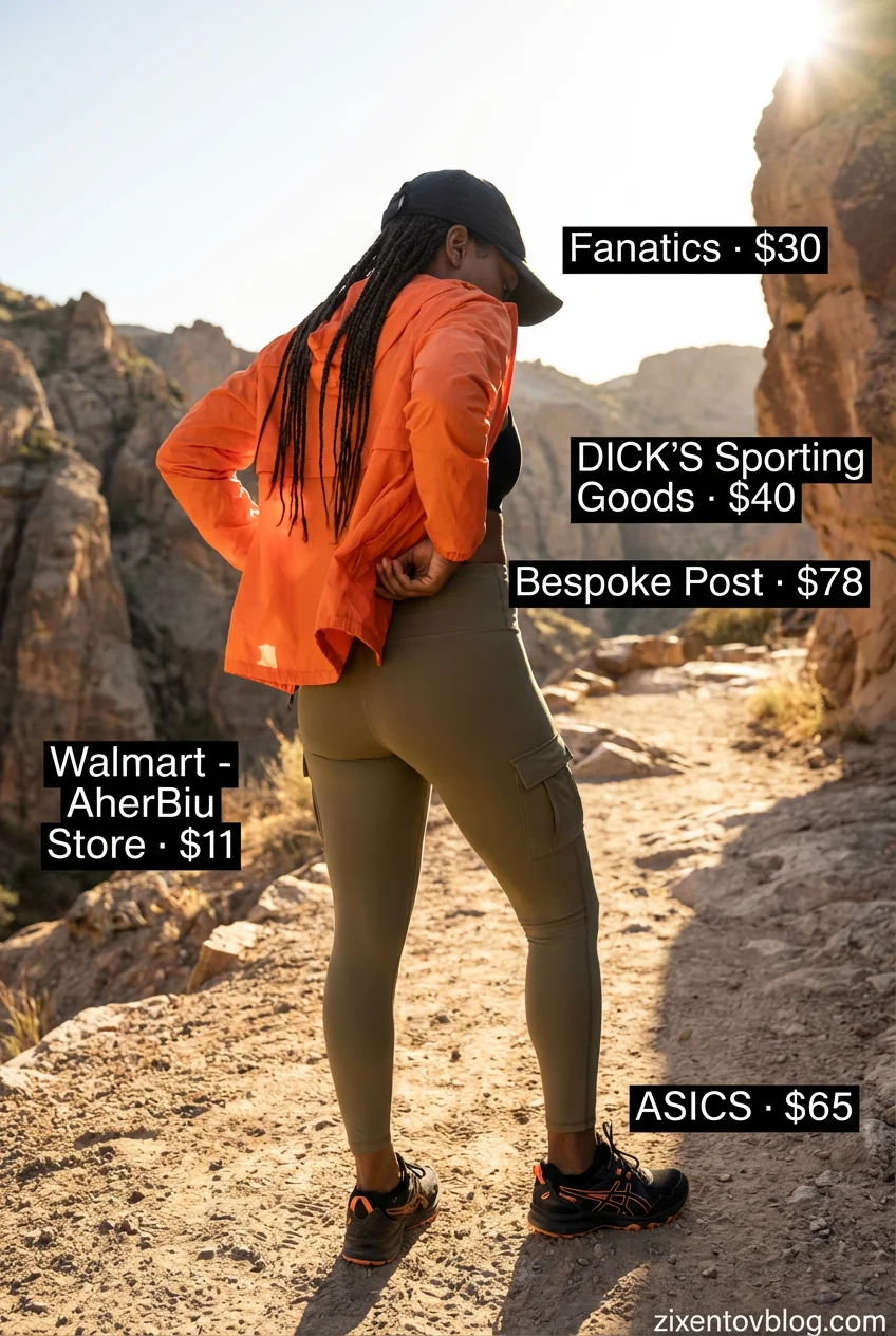 Outdoor Bootcamp Ready: Gym Outfits for Women 2026 Khaki and black outdoor bootcamp outfit for women, including cargo leggings, a windbreaker, and trail running shoes. Practical Gym outfits for women 2026.