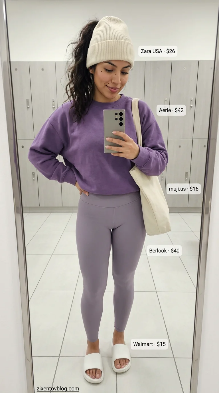 Recovery & Recharge: Gym Outfits for Women 2026 Soft lavender and cream cozy rest day outfit for women, with an oversized sweatshirt, brushed-jersey leggings, and comfort slides. Relaxed Gym outfits for women 2026.