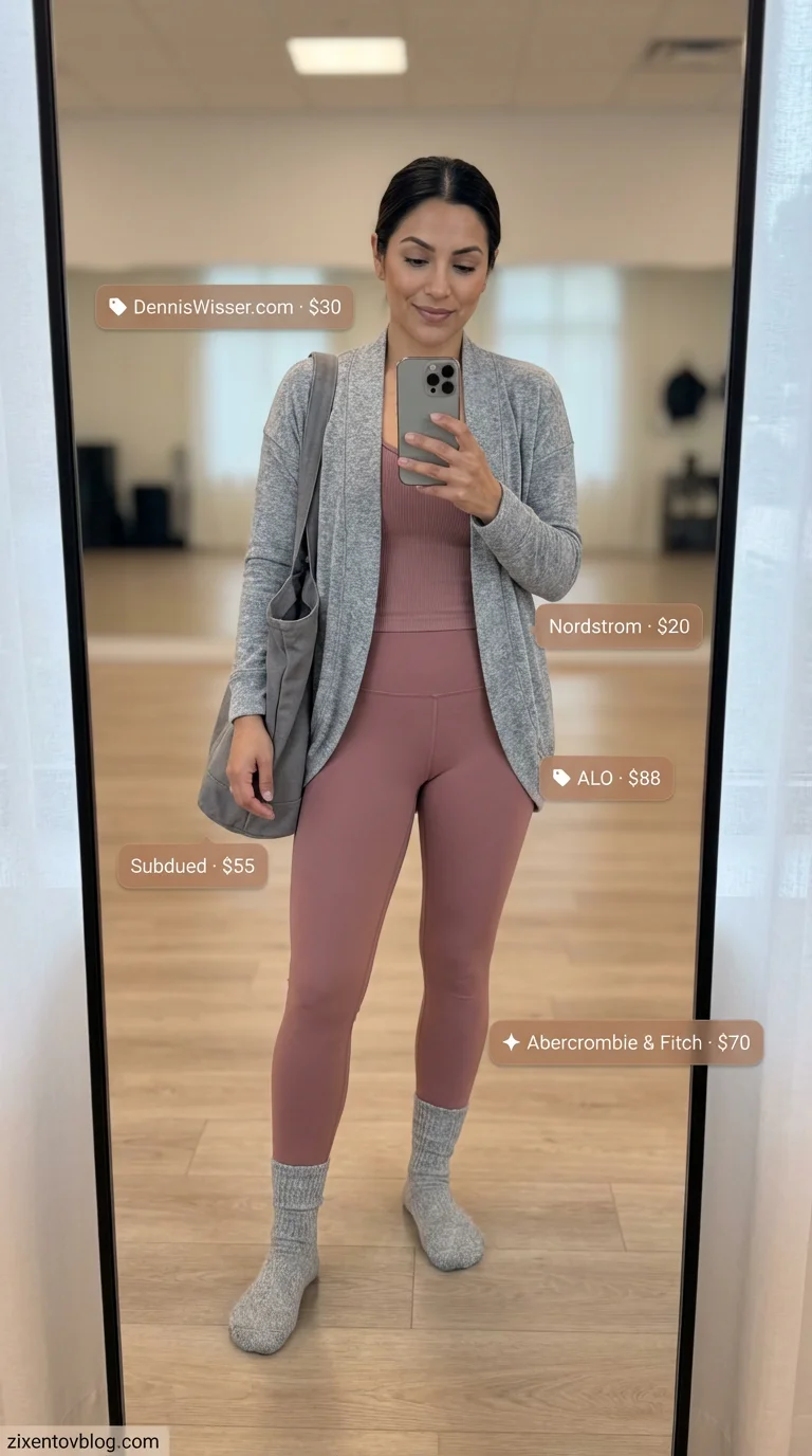Studio Flow & Zen: Gym Outfits for Women 2026 Dusty rose and heather grey yoga outfit for women, featuring seamless high-waisted leggings, ribbed crop top, and a wrap cardigan. Great for Gym outfits for women 2026.