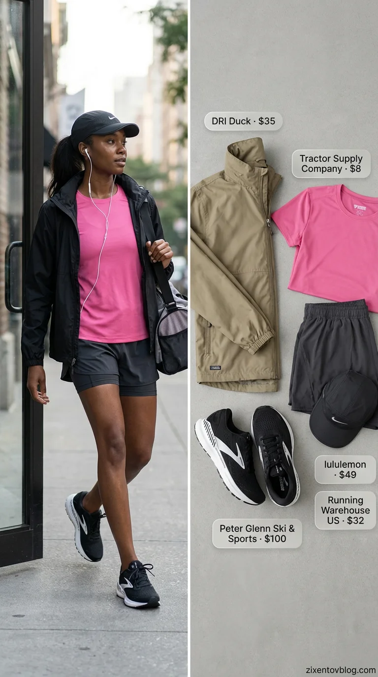 Urban Explorer Cardio: Gym Outfits for Women 2026 Dynamic urban cardio gym outfit for women 2026, featuring a hot pink performance tee, charcoal grey shorts, and a black windbreaker for outdoor running.