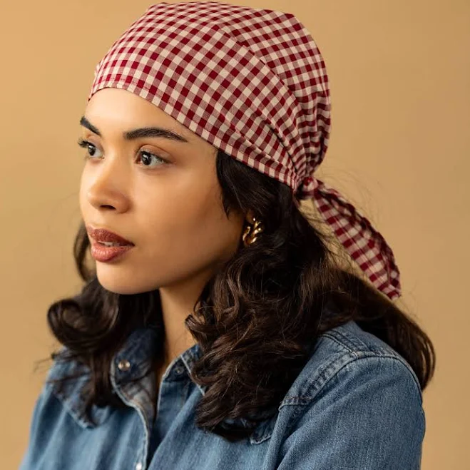 accessory Kokoriko Wine Red Gingham Cotton Triangle Bandana Fanm Djanm $32