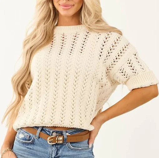 top Promesa Women's Open Crochet Knit Sweater Top Lime Lush $51.95