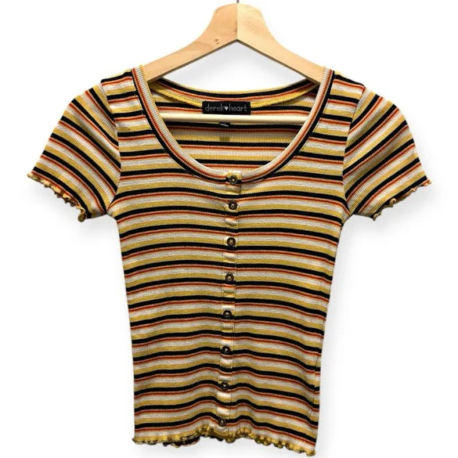 top Women’s Juniors Y2k Lettuce Edge Yellow And Orange Striped Ribbed Baby eBay $24