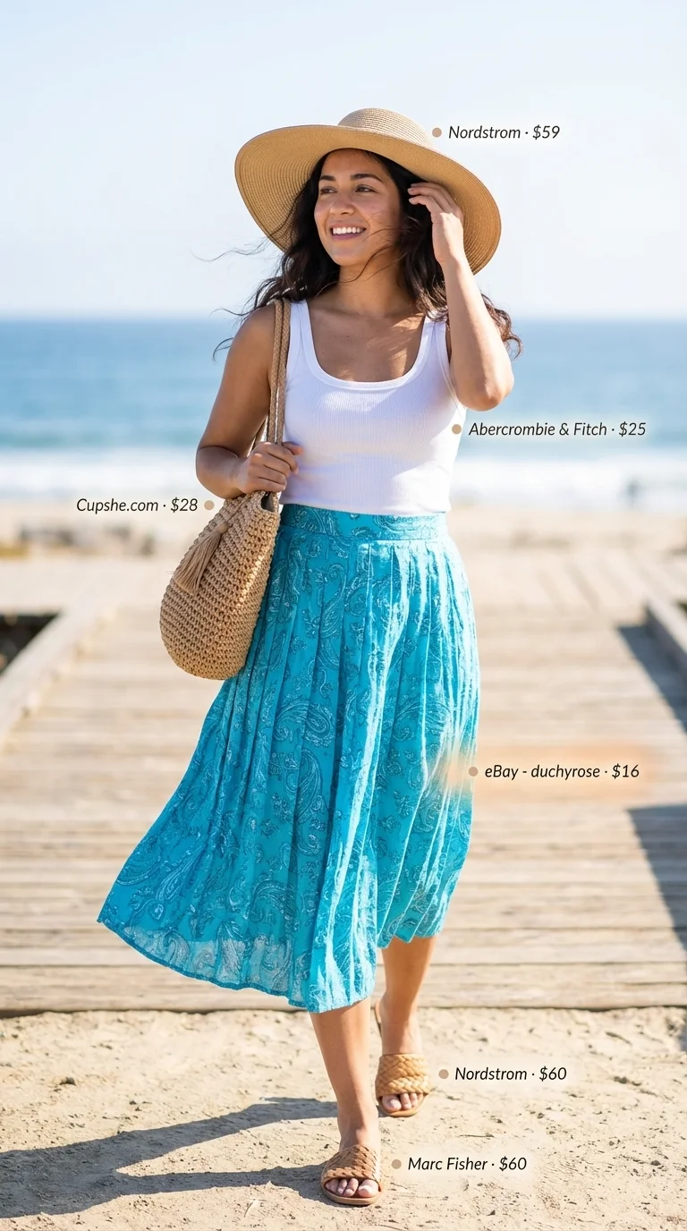 Playful turquoise and white tropical print high-waisted mini skirt paired with a simple tank top, perfect for short skirt outfits 2026 beach resort wear, styled with tan sandals and a large straw tote.