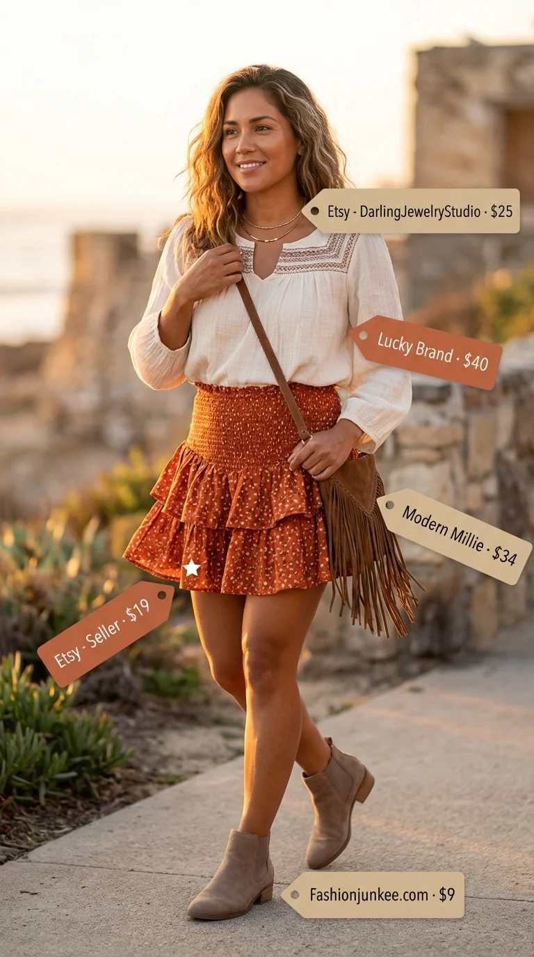Whimsical short skirt outfit 2026 for a music festival, featuring a rust orange floral tiered mini skirt, a cream peasant blouse, taupe suede ankle boots, and a fringed crossbody bag.