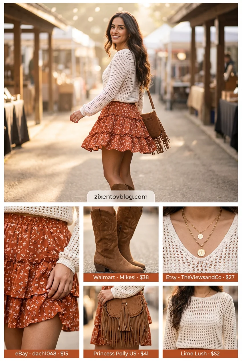 Boho short skirt outfits 2026 for a festival, featuring a rust orange floral tiered mini skirt, a cream loose-knit sweater, distressed brown cowboy boots, and a fringe crossbody bag.