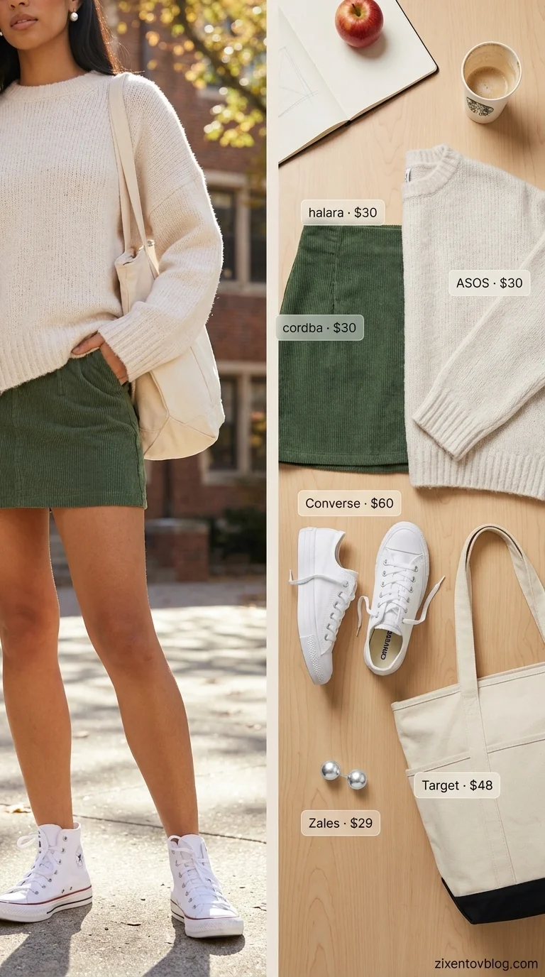 Laid-back campus cool short skirt outfit 2026 featuring a forest green corduroy mini, cream oversized sweater, white canvas sneakers, and large tote bag. Comfortable study look.