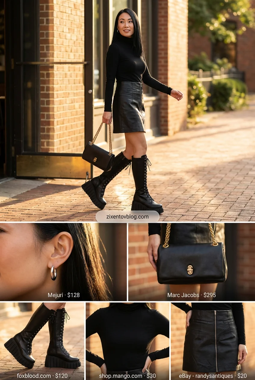 Edgy city chic short skirt outfit 2026 with a black faux leather mini with silver zipper, charcoal ribbed turtleneck, combat boots, and crossbody bag. Modern confidence.