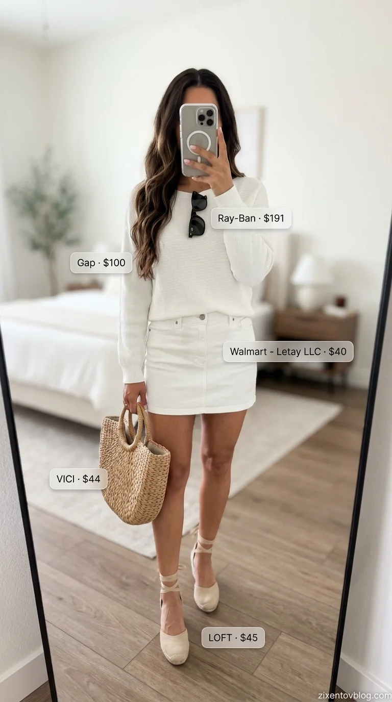 Elegant coastal grandmother short skirt outfit 2026 with a navy striped sweater, white denim mini, jute espadrilles, and woven tote. Ideal for beach vacations.