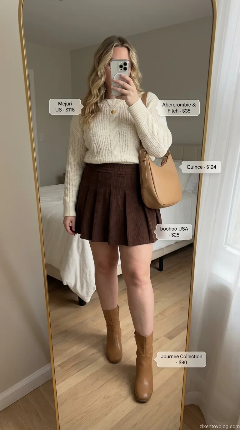 Cozy short skirt outfits 2026 for fall, featuring a rich chocolate brown corduroy pleated mini skirt, an oversized cream cable-knit sweater, and tan suede knee-high boots.