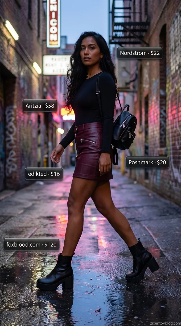 Bold and edgy burgundy faux leather mini skirt with a black bodysuit and platform combat boots, inspiring short skirt outfits 2026 for a night out or concert, accessorized with a mini backpack.