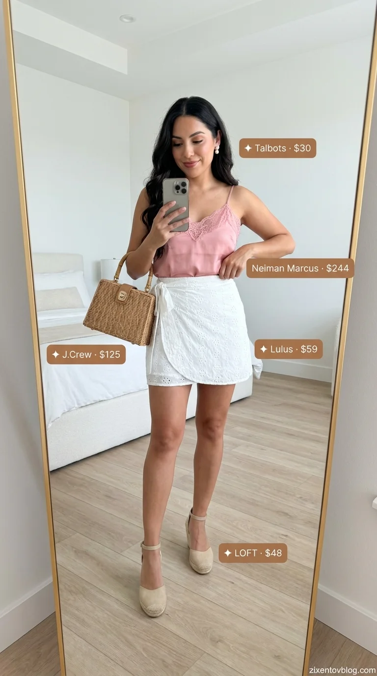 Elegant white eyelet A-line mini skirt and blush pink camisole, creating a sophisticated garden party look perfect for short skirt outfits 2026, paired with espadrille wedges and a wicker bag.