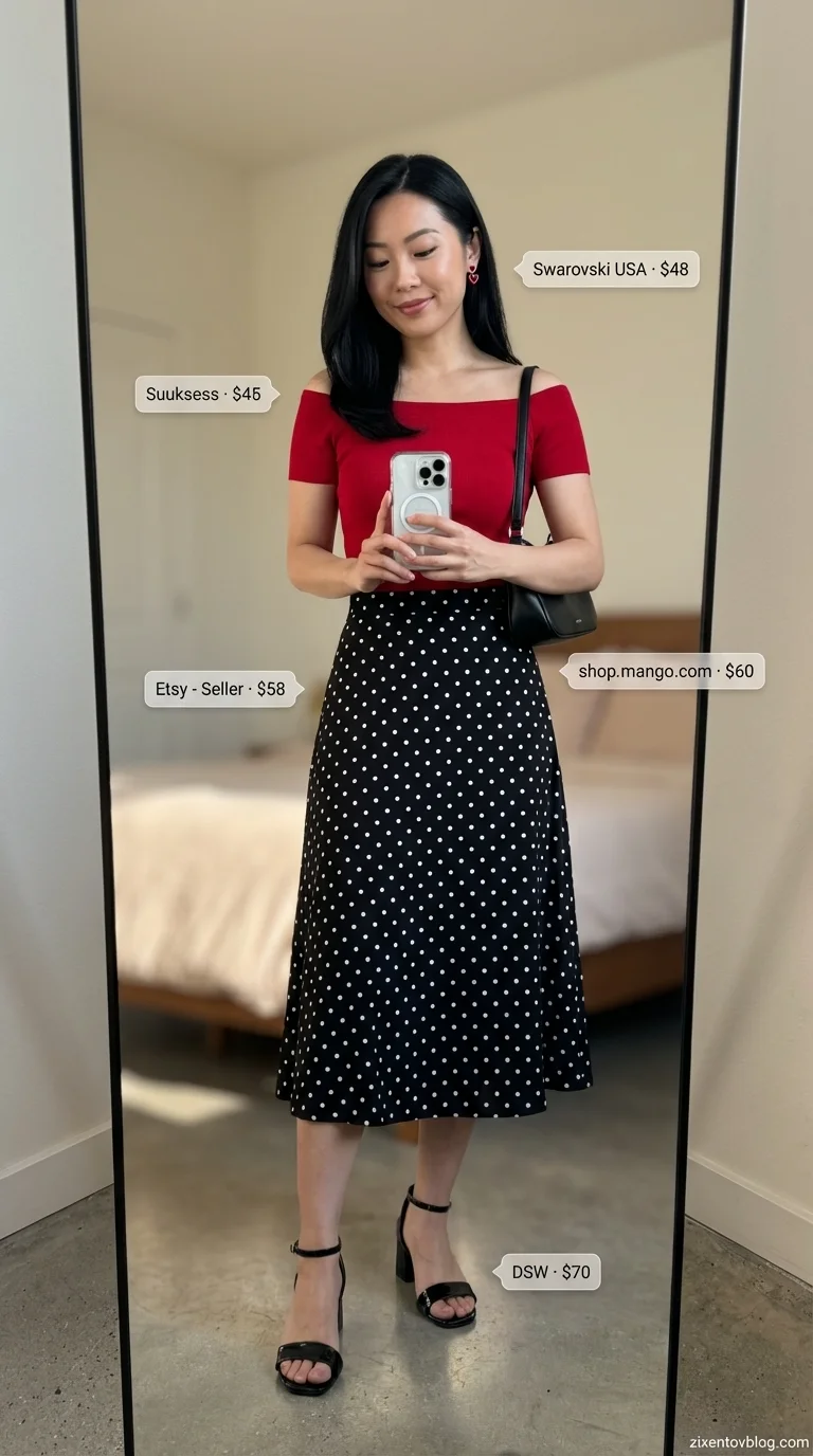 Playful brunch short skirt outfit 2026 showcasing a black polka dot mini skirt, solid red off-shoulder top, black block heels, and small crossbody bag. Feminine charm.