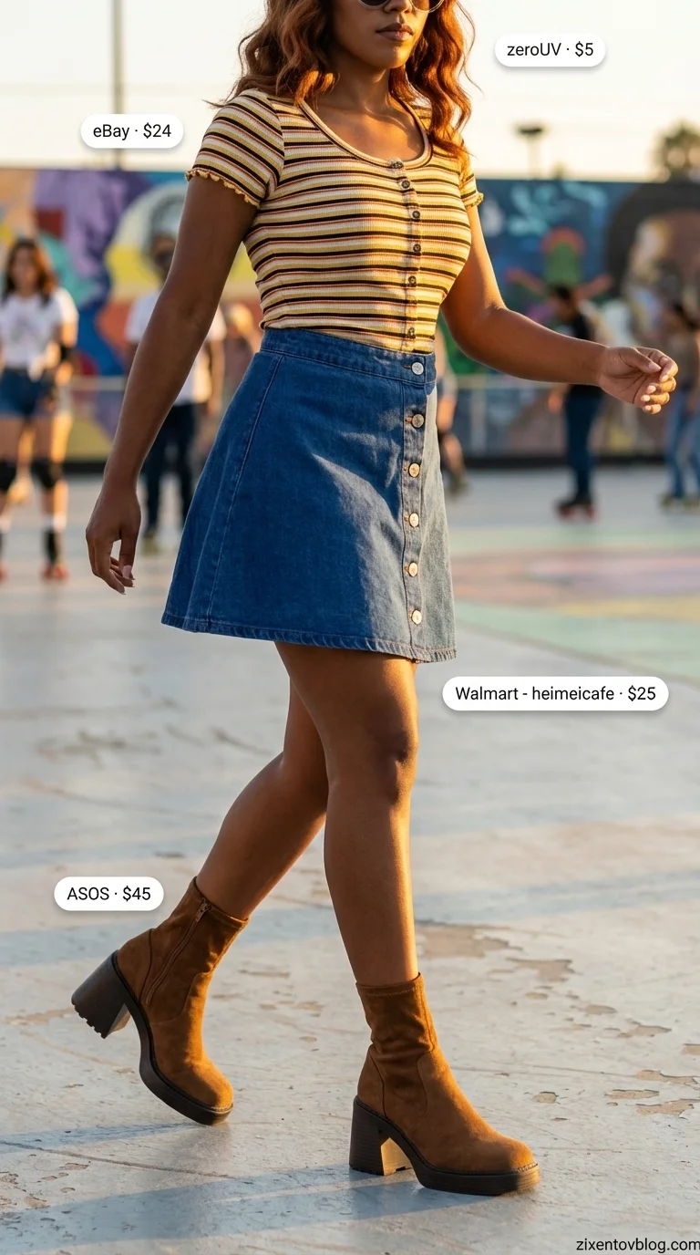 Retro short skirt outfit 2026 featuring a mustard yellow and orange striped top, dark indigo denim mini, brown platform boots, and tan saddle bag. Perfect for a themed party.