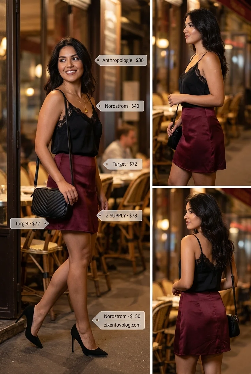 Romantic short skirt outfit 2026 for a date night, featuring a deep burgundy satin bias-cut mini skirt, a black lace camisole, black stiletto pumps, and a quilted mini shoulder bag.