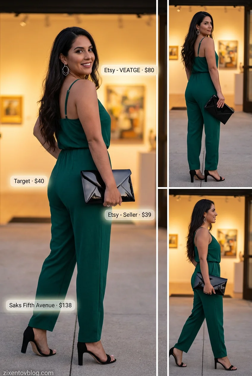 Chic Emerald Jumpsuit for Summer 2026 Sophisticated Emerald Green jumpsuit, black mules, and silver statement earrings create an Effortless Chic summer outfit for women 2026.