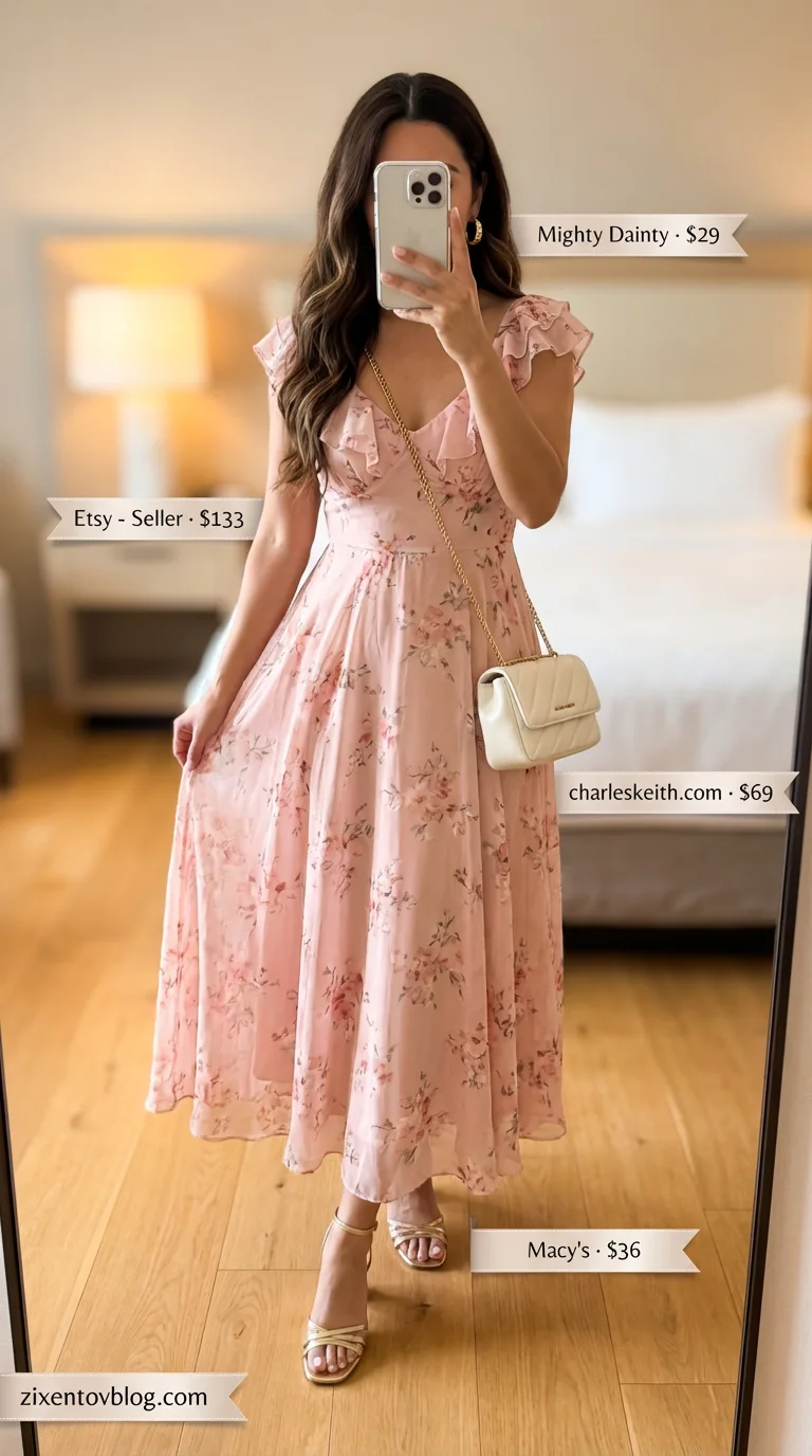 Garden Party Glamour for Summer 2026 Glamorous pink floral maxi dress, gold strappy heels, and an ivory quilted bag for summer outfits for women 2026 at a garden party.