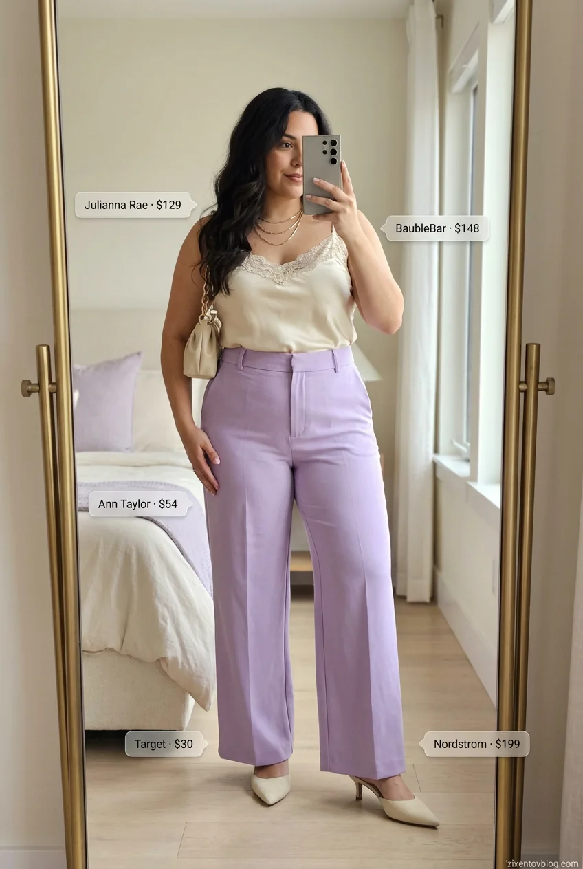 Refined Resort Evening: Summer Outfits for Women 2026 Elegant Summer outfits for women 2026 for a resort dinner featuring lavender high-waisted tailored trousers paired with a cream silk camisole and gold jewelry.