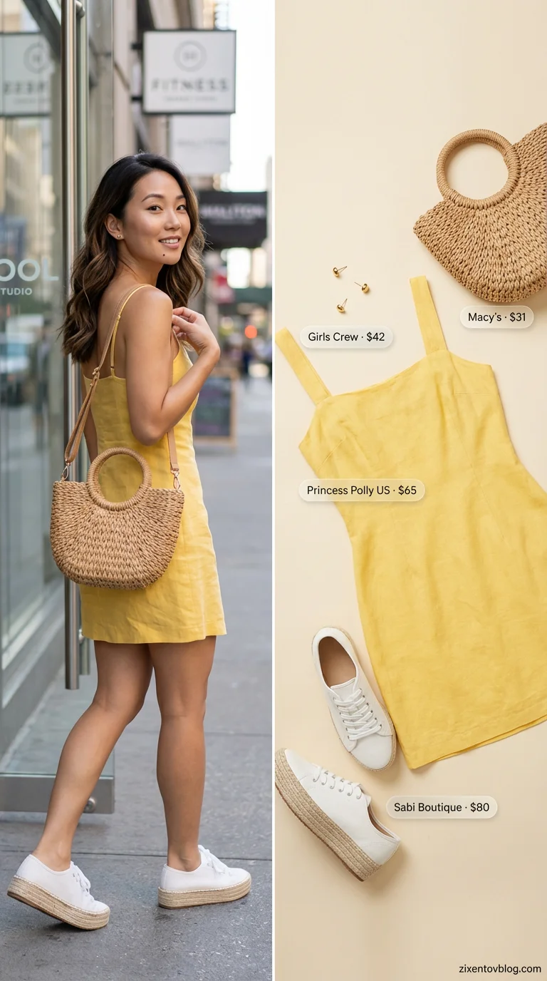 Sunny Day Chic Mini Dress Summer 2026 Cheerful Sunny Day Chic summer outfit for women 2026: bright yellow mini dress, white platform espadrille sneakers, and a mini basket bag.