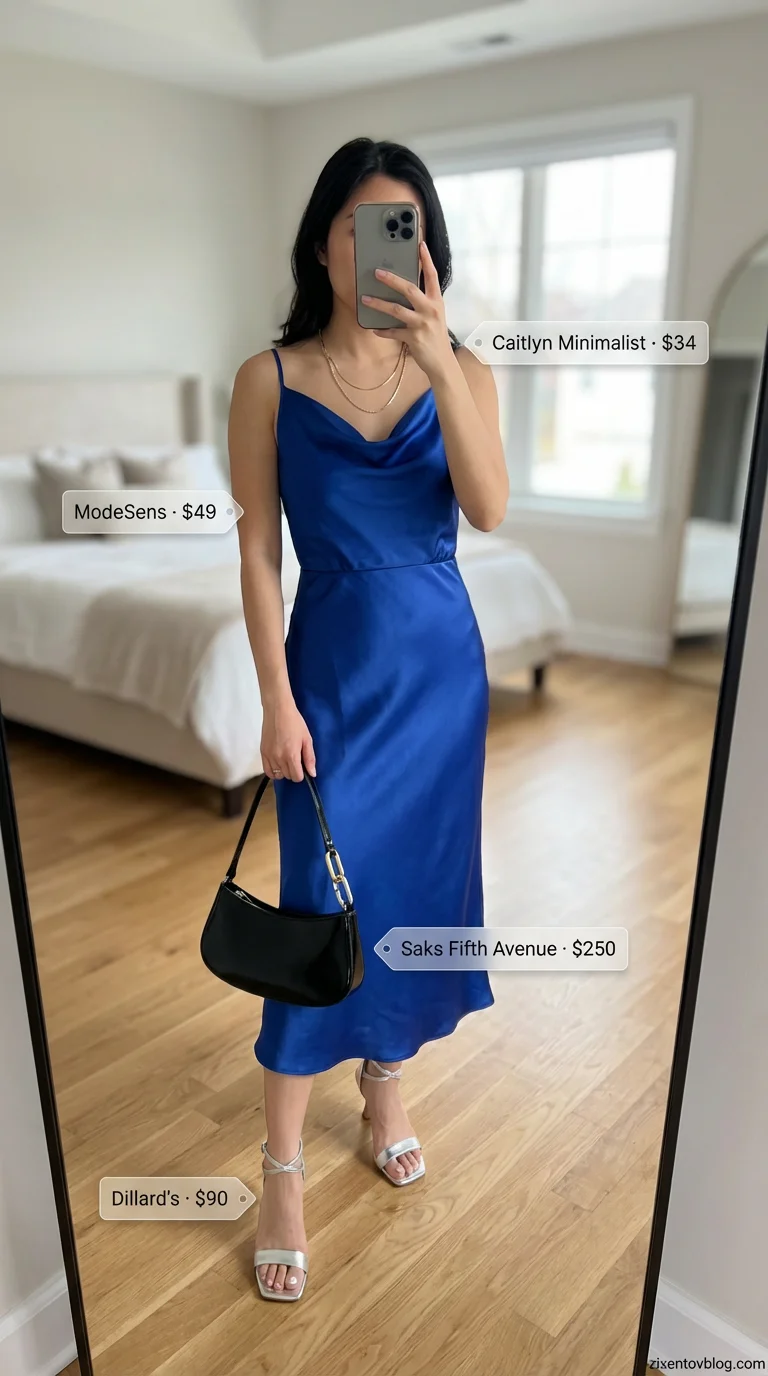 Sleek City Slip Dress Evening Look 2026 Sleek cobalt blue satin midi slip dress with silver accessories for confident evening summer outfits for women 2026.