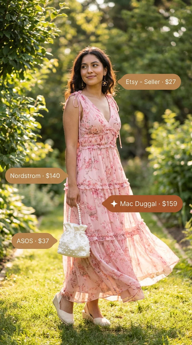 Garden Party Glamour Maxi Dress 2026 Elegant floral print maxi dress in blush pink and sage for romantic garden party summer outfits for women 2026.