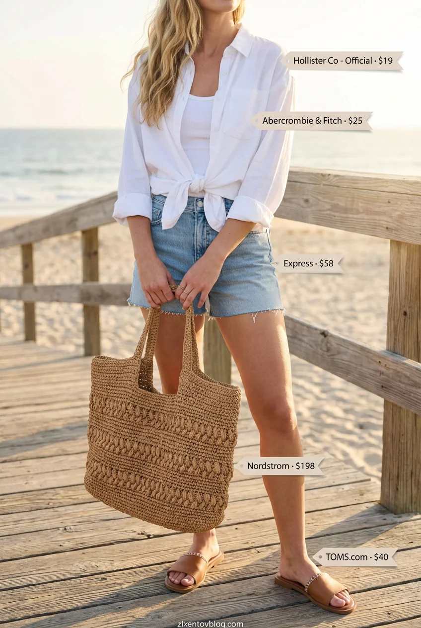 Effortless Summer Layers Shirt 2026 Classic white linen button-down shirt layered over a white tank with denim shorts for effortless summer outfits for women 2026.