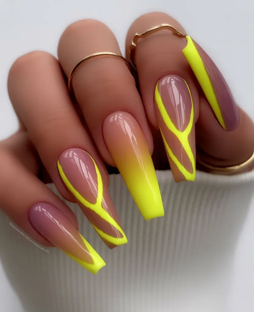 fall coffin nail ideas 2025 Sunset Fade with Neon Veins