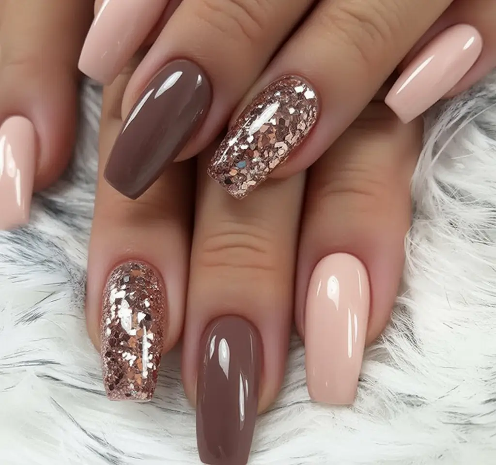 fall coffin nail ideas 2025 Espresso and Blush Glitter Balance