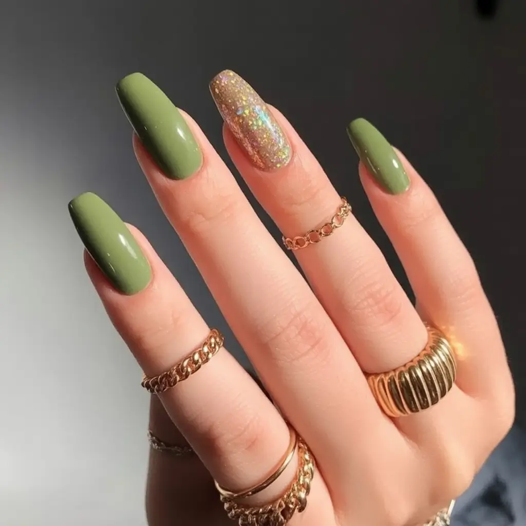 fall coffin nail ideas 2025 Olive Crush with a Golden Pop