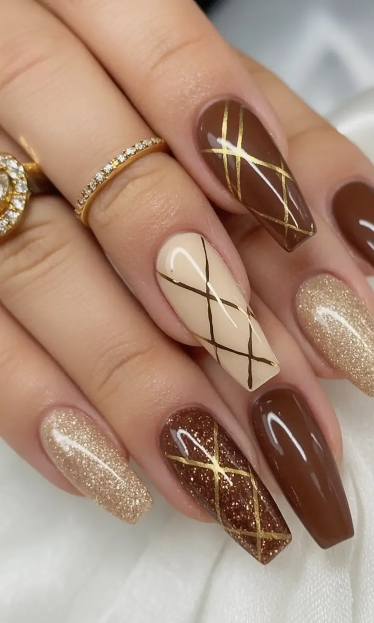 fall coffin nail ideas 2025 Golden Plaid with Sparkle